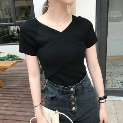 

Summer Sexy V Neck Tank Tops New Fashion Knitted Women Short Sleeve Female Tops Shirt Blouse Casual Crop Tops T-Shirts