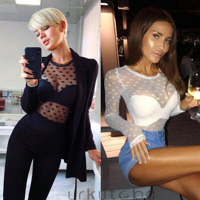 

Womens Ladies Long Sleeve See-through Sheer Mesh Black Shirt Tee Blouse Top New