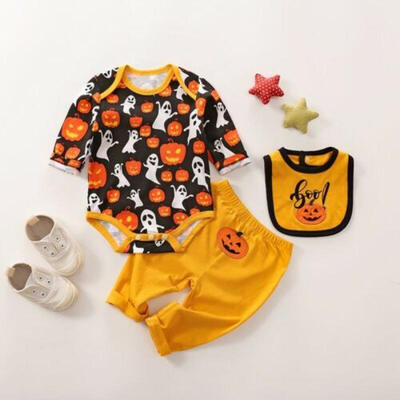 

Halloween Infant Baby Ghost Spirit Pumpkin Romper Tops Long Pant Bib Clothes Set