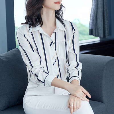 

First application commuter long-sleeved shirt female 2019 spring new professional shirt casual striped chiffon shirt SWCC191407 white
