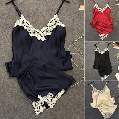 

NEW 2pcs Women Sexy Satin Lace Sleepwear Babydoll Lingerie Nightdress Silk Pajamas Set