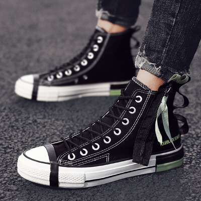 

New Zipper Canvas Shoes Mens High Uppers Black Plate Shoes Uzzang Port Trendy Shoes