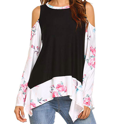 

Nomeni Womens Floral Prints Long Sleeve Cold Shoulder Tunics T-Shirt Blouse Tops BKL