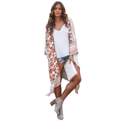 

New Women Chiffon Kimono Cardigan Floral Print Split Boho Loose Outerwear Beach Bikini Cover Up White