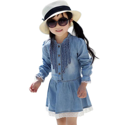 

Baby Girls Kids Dress Casual Denim Blue Long Sleeve Lace Cowboy Clothes