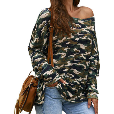 

Women Autumn Stylish Concise All-match Long Sleeve Loose Casual Round Collar Camouflage Printed T-shirts