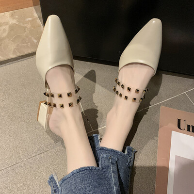 

Muller shoes half drag 2019 summer new sharp head thick heel network celebrity personality rivet foreign gas 100 small fragrant s