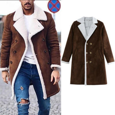 

Mens Fur Fleece Trench Coat Overcoat Lapel Warm Fluffy Jacket Buttons Outerwear