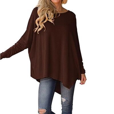 

Nomeni Women Long Sleeve O-neck Pure Color Batwing Sleeve Irregular Hem Blouse Tops