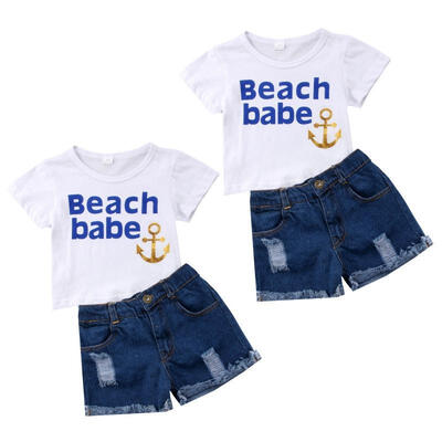 

2Pcs Toddler Kids Baby Girls Outfits Anchor T-shirt Top Denim Pant Clothes Set