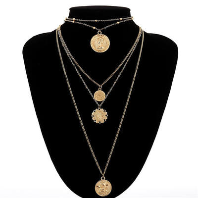 

Vintage Silver Gold Long Chain Multilayer Choker Necklace For Women Angel Virgin Mary Pendant Round Coin Necklace Jewelry