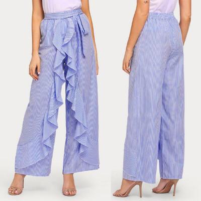 

Tailored Women Ladies Summer Striped Wide Leg High Waist Pants Casual Long Trousers