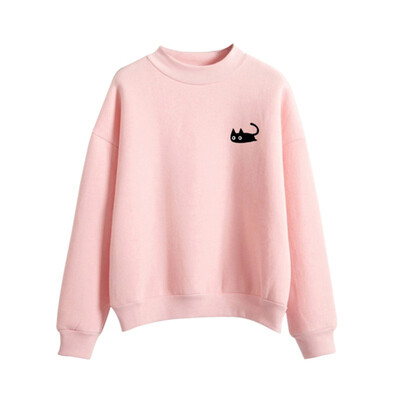 

Autumn Casual Harajuku Kawaii Black Cat Sweatshirts Cosy Women Long Sleeve Turtleneck Tops Pullover Funny Cartoon kpop