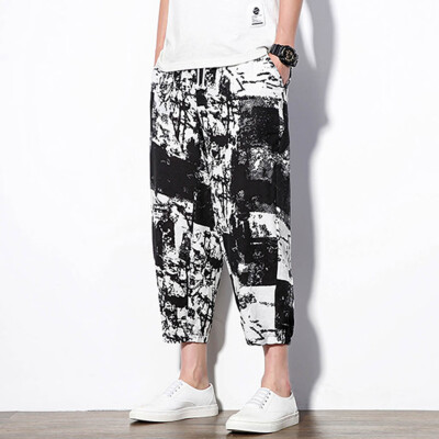 

Tailored Mens Summer Fashion Leisure Ethnic Style Printing Linen Loose Ankle-Length Pant