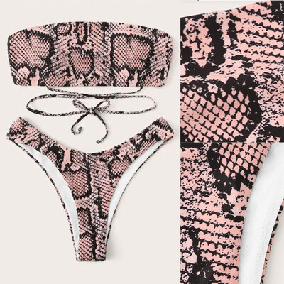 

Roseonmyhand Women Snake Skin Pattern Bandage Bikini Set Brazilian Swimwear Beachwear