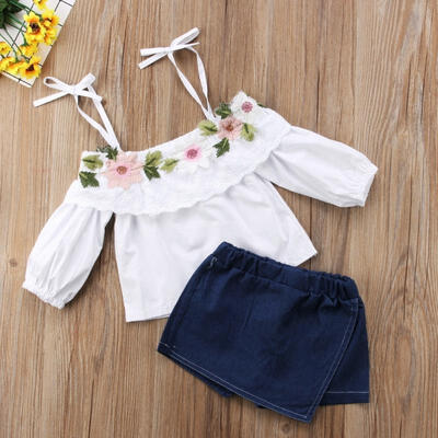 

2pcs Toddler Kids Girls Flower Strap Tops Blouse Denim Shorts Outfits Set