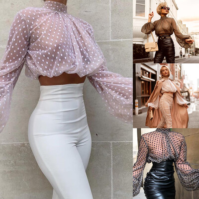 

Fashion Women Puff Long Sleeve T-shirt Tops Shirts See-through Sheer Mesh Blouse