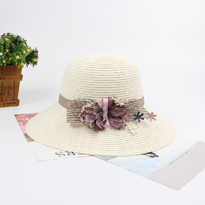 

Women Summer Sun Straw Hat Bow Flower Adjustable Dome Panama Beach Holiday Cap