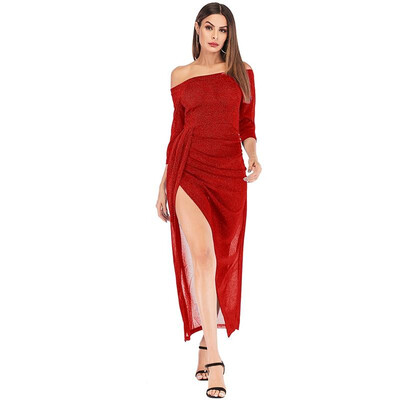 

New Sexy Women Shiny Maxi Dress Off Shoulder High Split Slash Neck Ruched Bodycon Club Party Long Dress