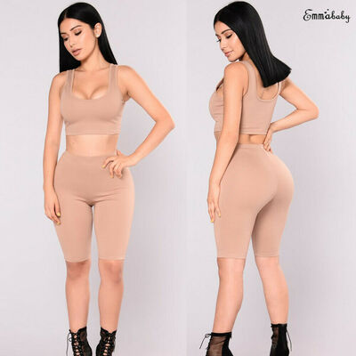 

Womens Two Pieces Outfit Sexy Sleeveless Crop Tank Top Bodycon Shorts Pant Sets