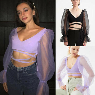 

Women Puff Sleeve Bandage Slim Crop VNeck Top Cocktail Evening Party Girl Blouse