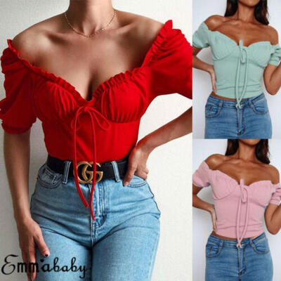 

US Sexy Womens Off Shoulder Short Sleeve Bandage Crop Tops T-Shirts Blouse Tee