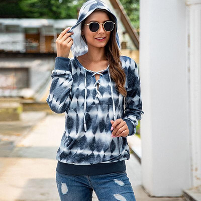 

Fashion Autumn Women Sweatshirt Gradient Color Block Hooded Criss Cross Bandage Long Sleeve Pocket Casual Tops Blouse BlueRed