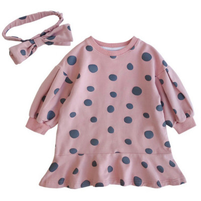 

1-7T Autumn Girls Dot Print Round Neck Skirt Princess Cute Casual Long Sleeve Sweater DressHairband