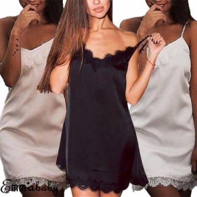 

Sexy Women Lingerie Silk Robe Sleeveless Solid Lace Dress Nightgown Sleepwear Nightdress