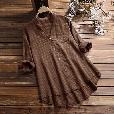 

Nomeni Womens Casual V Neck Loose Linen Plus Size Plaid Button Tanic Shirt Blouse Tops