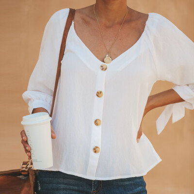 

Nomeni Women Pure Color Button Bandage Three Quarter Sleeve T-shirt Tops Blouse