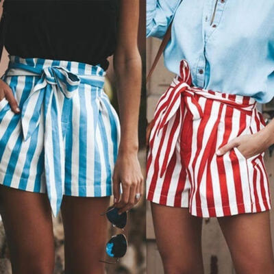 

Summer Fashion Women Short Pants Casual Shorts High Waist Stripe Pants Sz -XL
