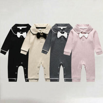 

Baby Girl Boy Bowtie Doll Collar Long Sleeve Romper Buttons Knit Ribbed Newborn Autumn Winter Warm One-Piece Jumpsuit