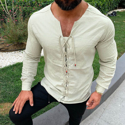 

Mens Tether Tie Long Sleeve Shirt Casual Lapel Slim Fit T-shirt Tops Size -3XL