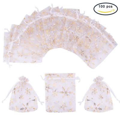 

PH PANDAHALL 100 Pcs 12x10cm Golden Snowflake Printed Bags Jewelry Pouch Bags Organza Drawstring Pouches