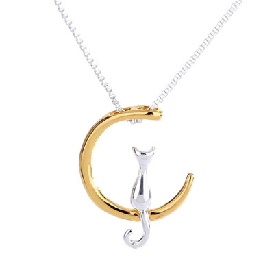 

Unique Crescent Moon Cat Pendants Gold Color Necklace Women Alloy Collarbone Chain Jewelry