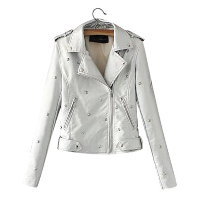 

Toponeto Womens Casual Solid Color Lapel Zipper Long Sleeve Rivet Leather Jacket Coat