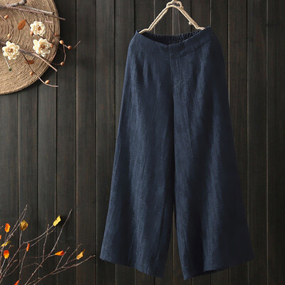 

Women Cotton Linen Casual Wide Leg Elastic Waist Palazzo Culottes Trousers Pants
