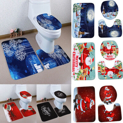 

New Christmas Fancy Toilet Seat Cover Rug Bathroom Decor Set Xmas Decoration