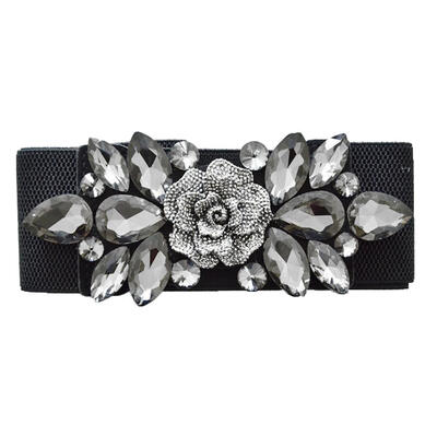 

Wedding Party Women Fashion Floral Buckle Rhinestone Elastic Wide Clinch Belt