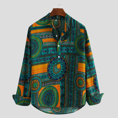 

Toponeto Mens Vintage Ethnic Printed Loose Comfy Long Sleeve Loose Casual Shirt Top