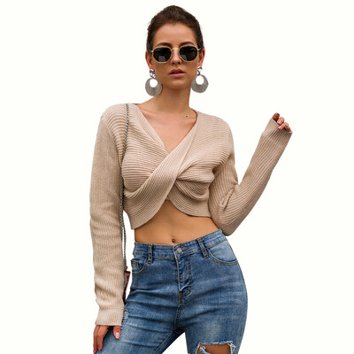 

New Women Autumn Stylish Sexy Midriff-baring Solid Color Short Style Cross Slim Fit Long Sleeve Sweater