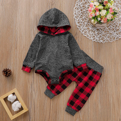 

Newborn Baby Boys Girls Long Sleeve Hooded Romper Plaid Pants 2pcs Outfits