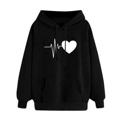 

Casual Heartbeat Print Solid Color Hoodies Women Long Sleeve Hooded Sweatshirt