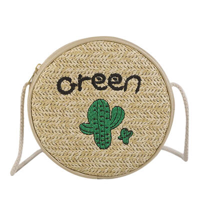 

Women Round Shoulder Bags Cactus Decor Handmade Woven Beach Mini Straw Bag