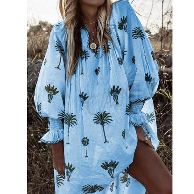 

New Women Long Sleeve Boho Print Party Casual Cotton Kaftan Maxi Long Dress