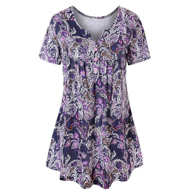 

Nomeni Womens Short Sleeve Print Tops Ladies Casual Flare Tunic Blouse Shirt