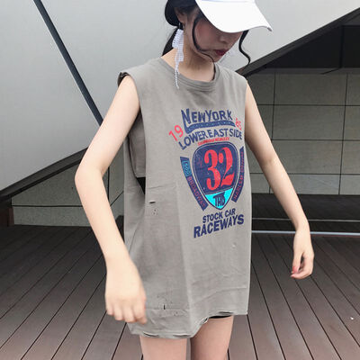 

Summer Harajuku Style Student Sleeveless T-shirt Female Uniform Long Loose Korean Version t-shirt Letter Tops