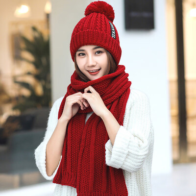

MAXVIVI winter hat scarf two-piece women plus velvet warm stitching cap sweet cute knitted headband earmuffs WWJ843226 red