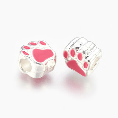 

Alloy Enamel European Beads Large Hole Beads Dog Paw Print Silver HotPink 11x10x7mm Hole 45mm